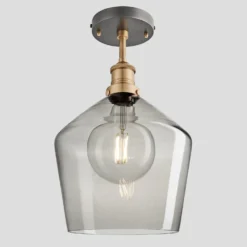 Brooklyn Tinted Glass Schoolhouse Flush Mount - 10 Inch - Smoke Grey -Industville Shop 10 Inch Flush Mount Tinted Glass Smoke Grey Schoolhouse Brass Brooklyn BR TGL SHFM10 SG BH Lit