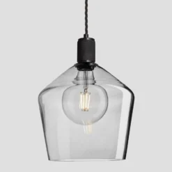 Knurled Tinted Glass Schoolhouse Pendant - 10 Inch - Smoke Grey -Industville Shop 10 Inch Pendant Glass Industville Lighting Schoolhouse BlackHolder Knurled KN TGL SHP10 SG BKH