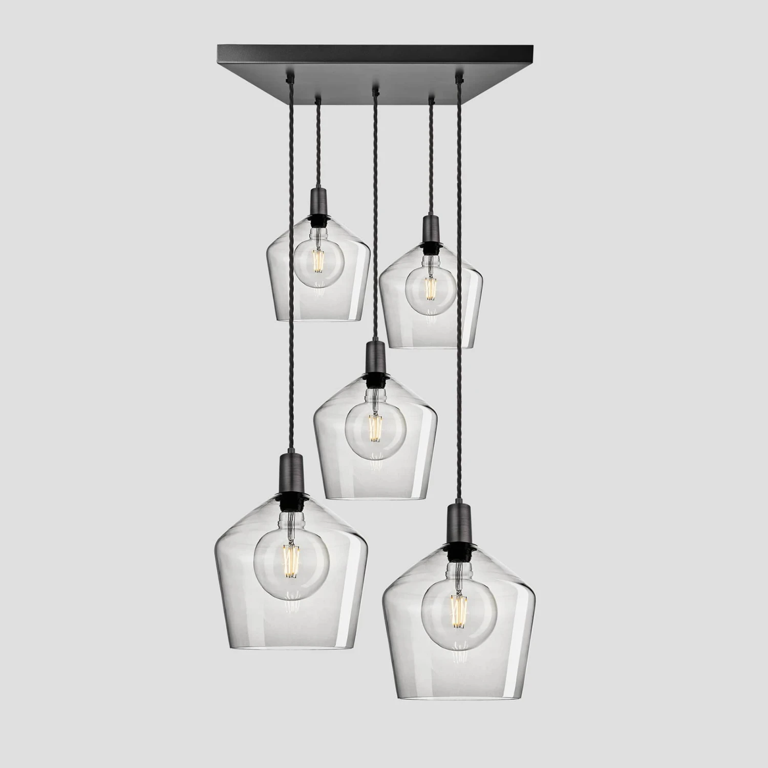 Sleek Tinted Glass Schoolhouse 5 Wire Square Cluster Lights - 10 Inch - Smoke Grey 2 Sleek Tinted Glass Schoolhouse 5 Wire Square Cluster Lights - 10 Inch - Smoke Grey - Image 2