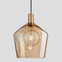 Sleek Tinted Glass Schoolhouse Pendant - 10 Inch - Amber -Industville Shop 10 Inch Pendant Tinted Glass Amber Schoolhouse Brass Sleek SL TGL SHP10 A BH Lit