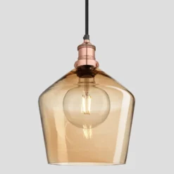 Brooklyn Tinted Glass Schoolhouse Pendant - 10 Inch - Amber -Industville Shop 10 Inch Pendant Tinted Glass Amber Schoolhouse Copper Brooklyn BR TGL SHP10 A CH Lit