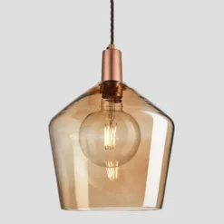 Sleek Tinted Glass Schoolhouse Pendant - 10 Inch - Amber -Industville Shop 10 Inch Pendant Tinted Glass Amber Schoolhouse Copper Sleek SL TGL SHP10 A CH lit