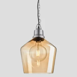 Brooklyn Tinted Glass Schoolhouse Pendant - 10 Inch - Amber -Industville Shop 10 Inch Pendant Tinted Glass Amber Schoolhouse Light Pewter Chain Brooklyn BR TGL SHP10 A LPCN lit