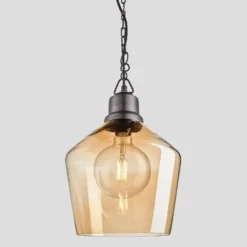 Brooklyn Tinted Glass Schoolhouse Pendant - 10 Inch - Amber -Industville Shop 10 Inch Pendant Tinted Glass Amber Schoolhouse Pewter Chain Brooklyn BR TGL SHP10 A PCN lit