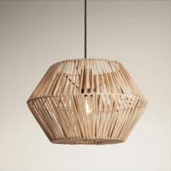 Boho Rattan Ceiling Pendant Light - 15 Inch - Hex - Natural