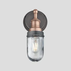 Brooklyn Outdoor & Bathroom Wall Light - Copper -Industville Shop 3 Inch WallLight Copper Industville Lighting TubeGlass CopperHolder PewterRing Brooklyn IP65 BR IP65 WL CH PR lit