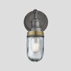 Brooklyn Outdoor & Bathroom Wall Light - Pewter -Industville Shop 3 Inch WallLight Pewter Industville Lighting TubeGlass PewterHolder BrassRing Brooklyn IP65 BR IP65 WL PH BR lit