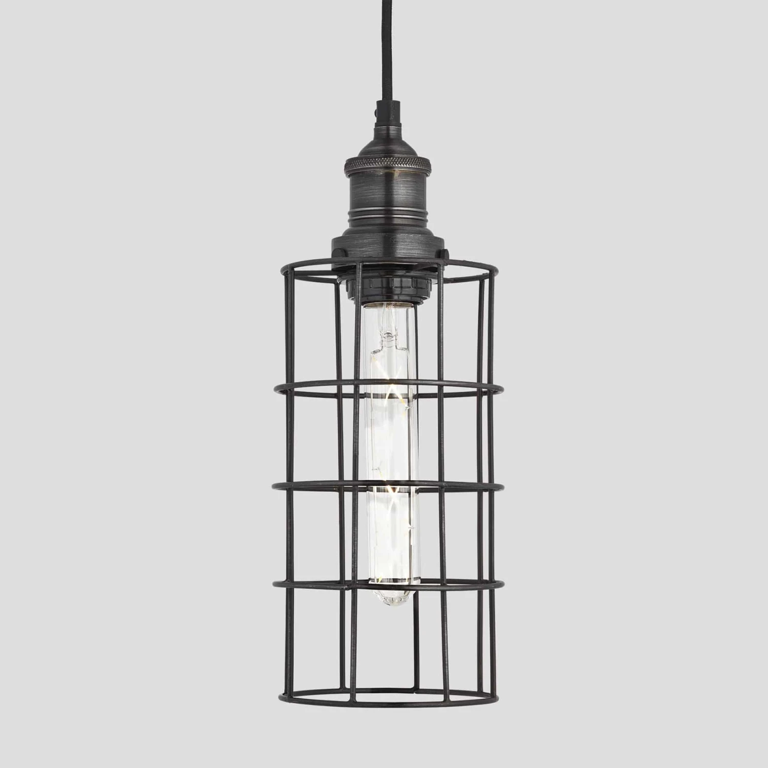 Brooklyn Wire Cage Pendant - 5 Inch - Pewter - Cylinder 1 Brooklyn Wire Cage Pendant - 5 Inch - Pewter - Cylinder