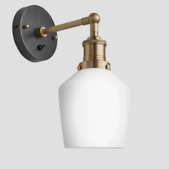 Brooklyn Opal Glass Schoolhouse Wall Light - 5.5 Inch -Industville Shop 5.5 Inch Pendant OpalGlass Industville Lighting Schoolhouse BrassHolder Brooklyn BR OGL SHWL5 W BH ANGLED