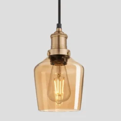Industville Shop -Industville Shop 5.5 Inch Pendant Tinted Glass Amber Schoolhouse Brass Brooklyn BR TGL SHP5 A BH Lit 2