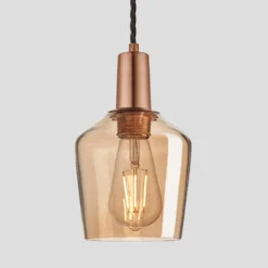 Sleek Tinted Glass Schoolhouse Pendant - 5.5 Inch - Amber -Industville Shop 5.5 Inch Pendant Tinted Glass Amber Schoolhouse Copper Sleek SL TGL SHP5 A CH Lit