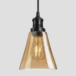 Brooklyn Tinted Glass Flask Pendant - 6 Inch - Amber -Industville Shop 8 Inch Pendant AmberTintedGlass Industville Lighting Flask BlackHolder Brooklyn BR DP8 B BHBR TGL FLP6 A BKH w