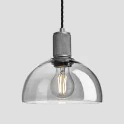 Knurled Tinted Glass Dome Pendant Light - 8 Inch - Smoke Grey -Industville Shop 8 Inch Pendant Glass Industville Lighting Dome PewterHolder Knurled KN TGL DP8 SG PH