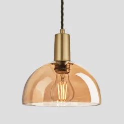 Sleek Tinted Glass Dome Pendant - 8 Inch - Amber -Industville Shop 8 Inch Pendant Tinted Glass Amber Dome Brass Sleek SL TGL DP8 A BH Lit