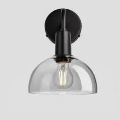Sleek Tinted Glass Dome Wall Light - 8 Inch - Smoke Grey -Industville Shop 8 Inch WallLight Glass Industville Lighting Dome BlackHolder Sleek SL TGL DWL8 SG BKH Angled Lit