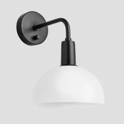 Sleek Opal Glass Dome Wall Light - 8 Inch -Industville Shop 8 Inch WallLight OpalGlass Industville Lighting Dome BlackHolder Sleek SL OGL DWL8 W BKH ANGLED