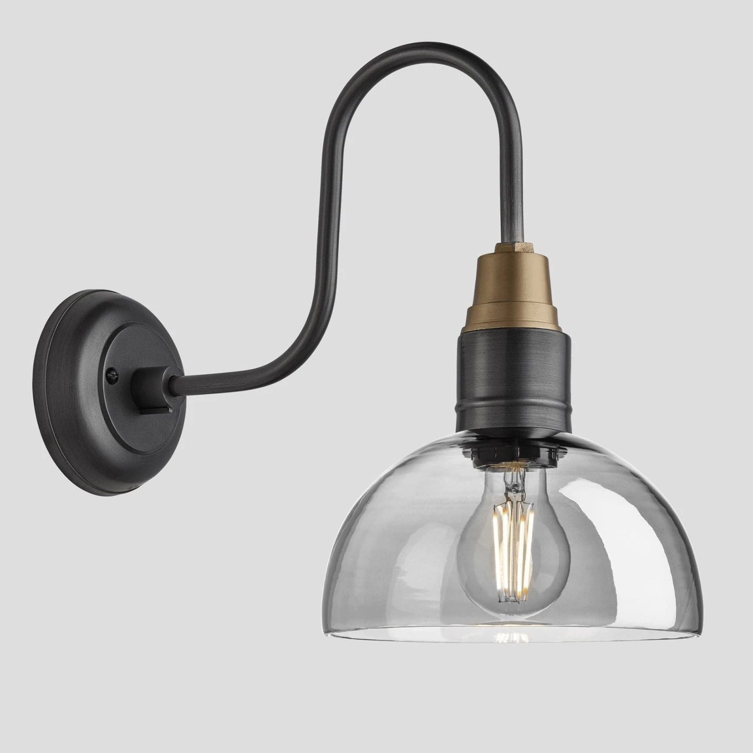 Swan Neck Tinted Glass Dome Wall Light - 8 Inch - Smoke Grey