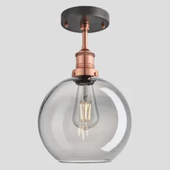 Brooklyn Tinted Glass Globe Flush Mount - 9 Inch - Smoke Grey 5 Brooklyn Tinted Glass Globe Flush Mount - 9 Inch - Smoke Grey -Industville Shop 9 Inch Flush Mount Tinted Glass Smoke Grey Globe Copper Brooklyn BR TGL GLFM9 SG CH Lit