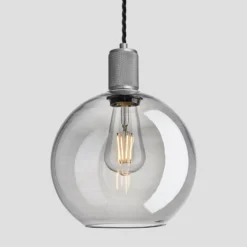 Knurled Tinted Glass Globe Pendant Light - 9 Inch - Smoke Grey -Industville Shop 9 Inch Pendant Glass Industville Lighting Globe PewterHolder Knurled KN TGL GLP9 SG PH