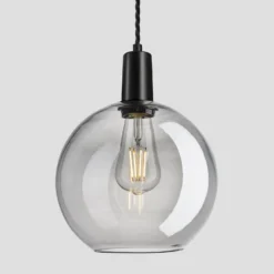 Sleek Tinted Glass Globe Pendant - 9 Inch - Smoke Grey -Industville Shop 9 Inch Pendant TintedGlassSmokeGrey Industville Lighting Globe BlackHolder Sleek SL TGL GLP9 SG BKH w