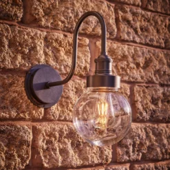 Swan Neck Outdoor & Bathroom Wall Light - Pewter - Globe Glass -Industville Shop SN IP65 WL P GLG In Situ Angled