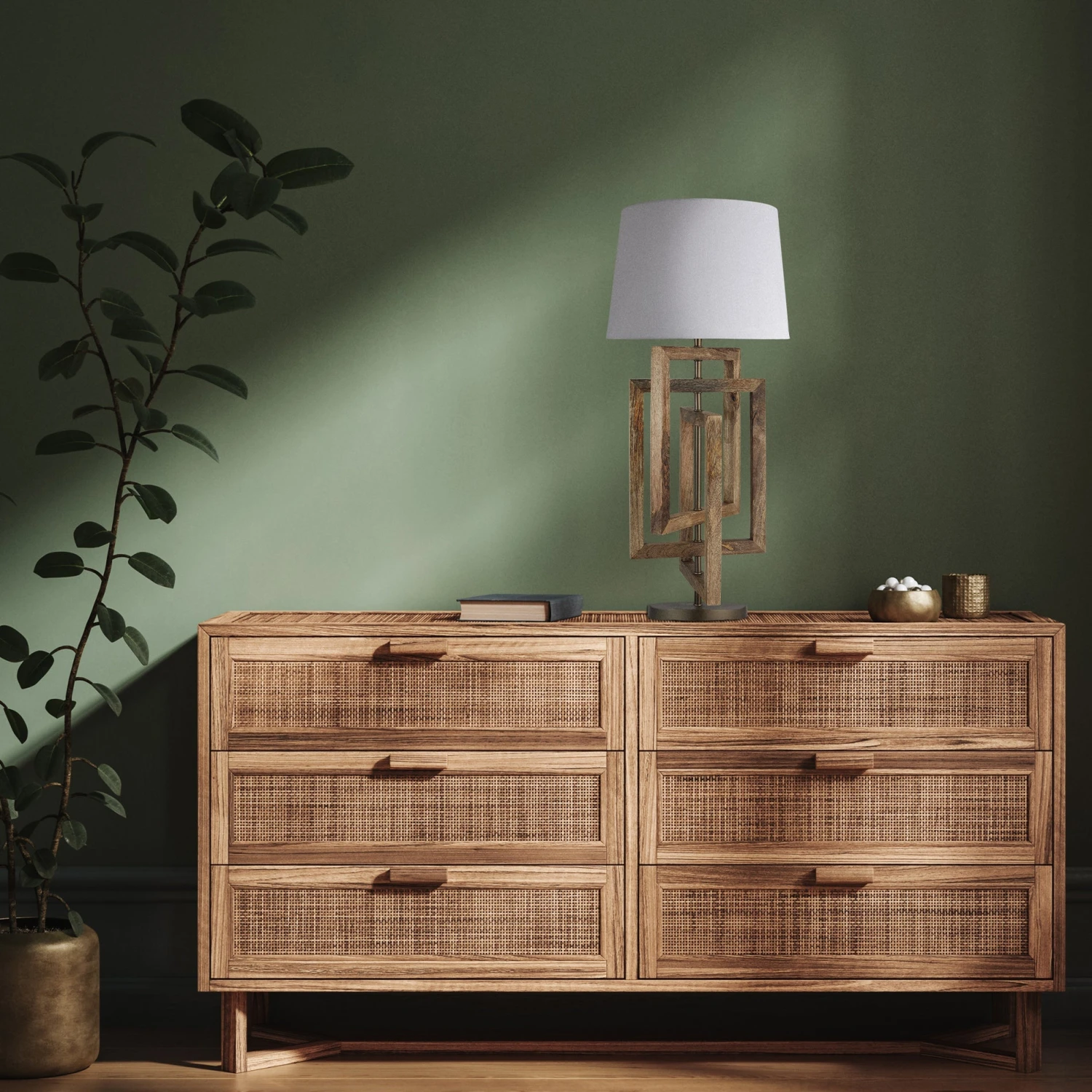 Wooden Geometric Rectangle Table Lamp - Natural 2 Wooden Geometric Rectangle Table Lamp - Natural - Image 2